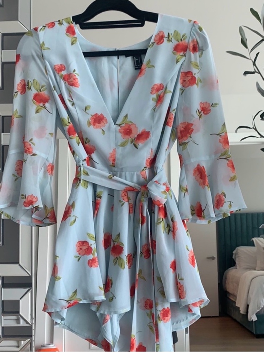 Light Blue Floral V-Neck Romper with Tie Waist